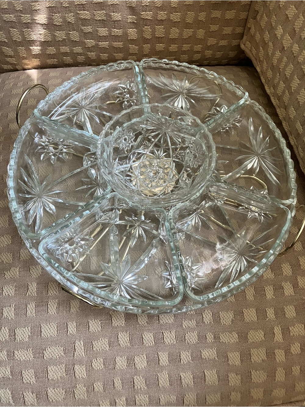 VTG Anchor Hocking Sectioned Cut Glass Relish Tray w/ Center Bowl on lazy Susan